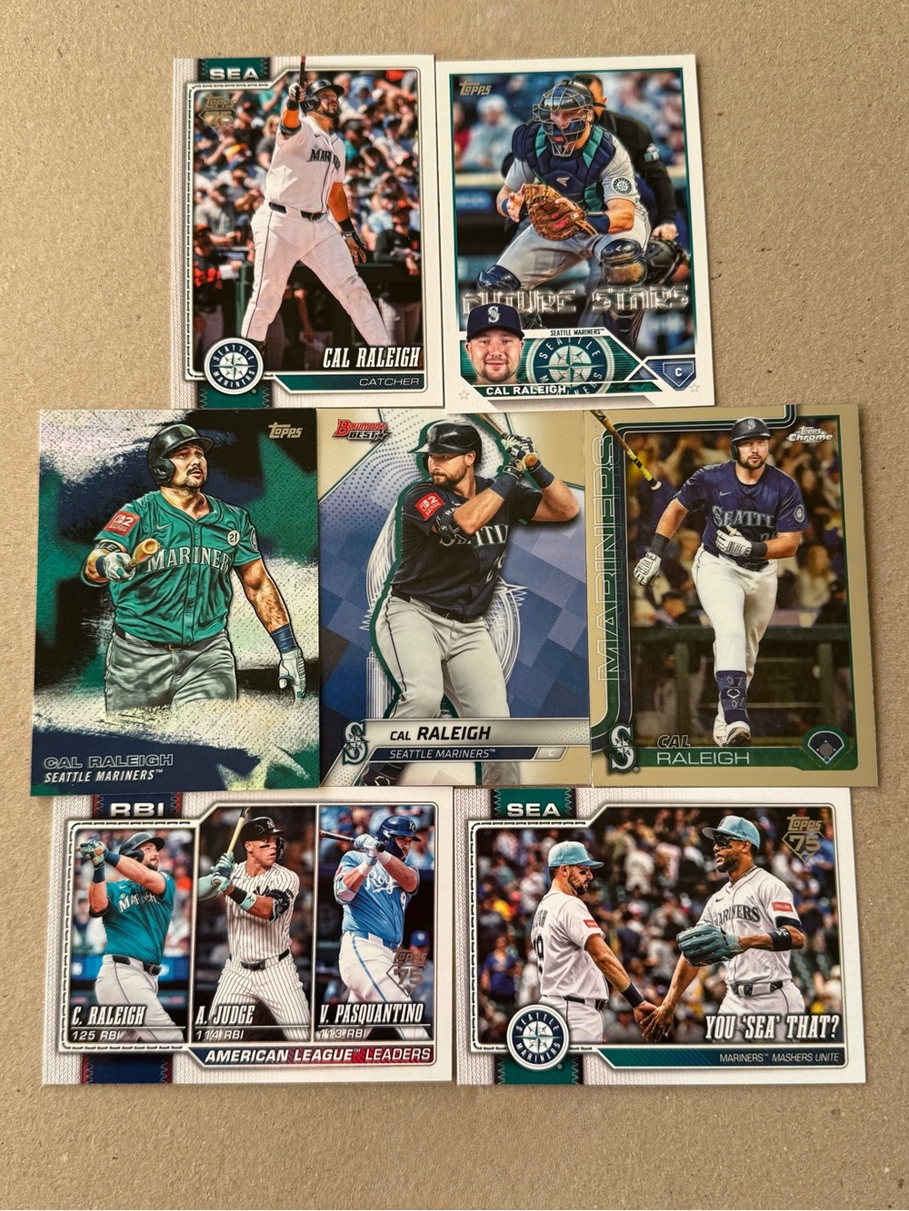 Cal Raleigh Topps Baseball Cards. Set of 7